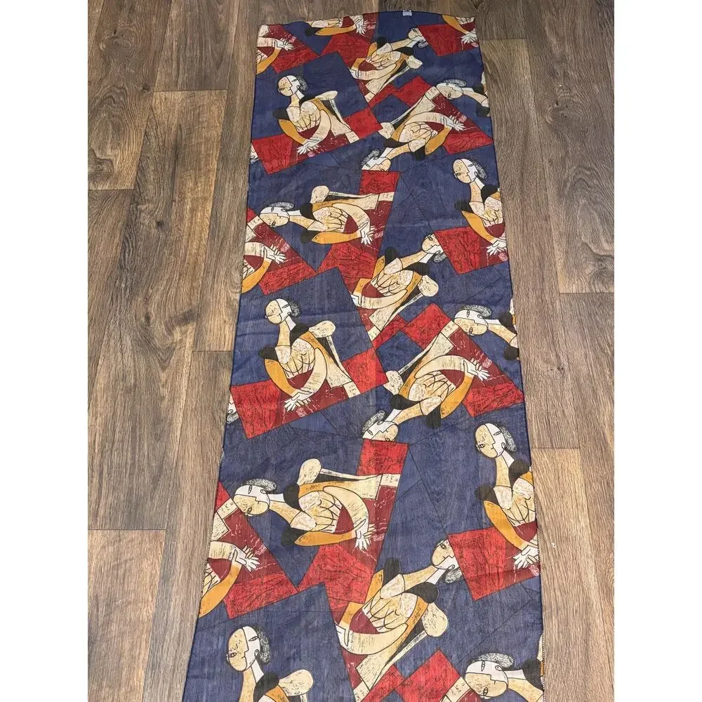 Vintage Moem Korea Sheer Scarf 19” X 64” Rectangular Blue Red Multi Cubist Art